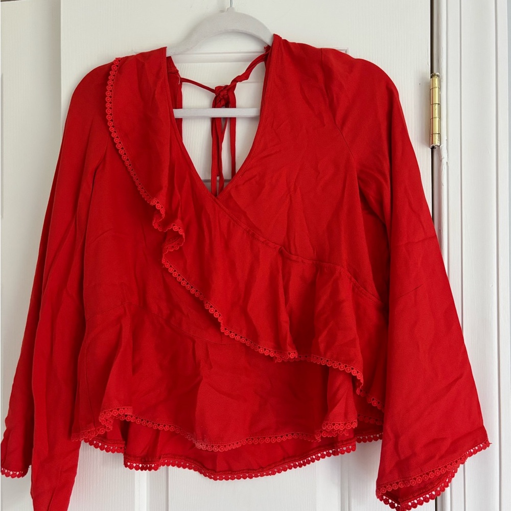 Cupcakes & Cashmere Red Ruffled Tie Front Blouse